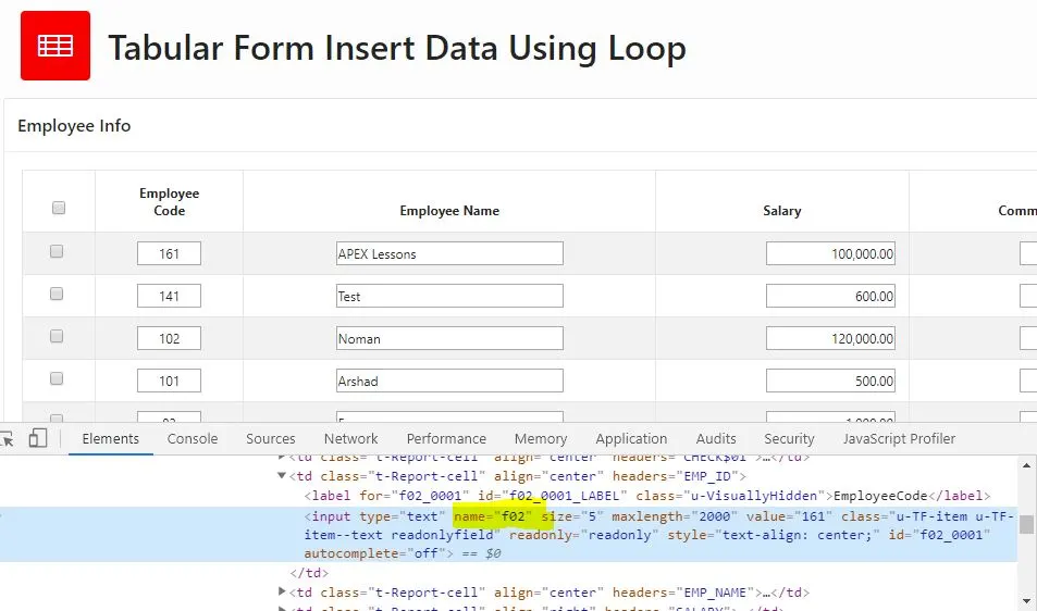 Tabular Form column name